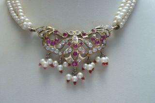 Vintage White Sapphire,  Ruby,  22 Carat Gold and Silver Indian Wedding Necklace 4