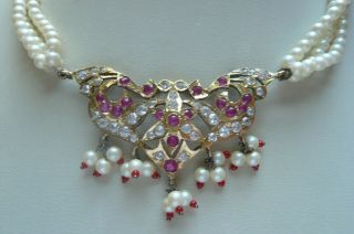 Vintage White Sapphire,  Ruby,  22 Carat Gold and Silver Indian Wedding Necklace 7