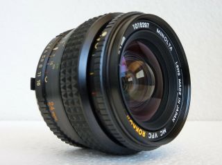 MINOLTA MC VFC ROKKOR - X 24mm f/2.  8 LENS & HOOD - ONE OWNER - NEAR 10