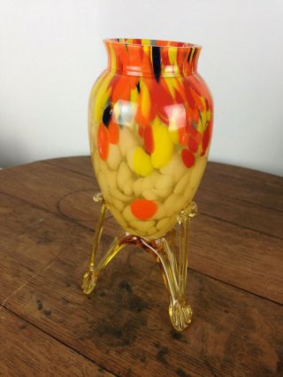 Vintage Kralik Yellow/orange Spatter Glass Vase Tripod Legs Art Deco Czech Wh - 6