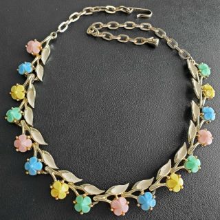 Vintage Pastel Pink Blue Yellow Flower Enamel Leaf Necklace Cute K84