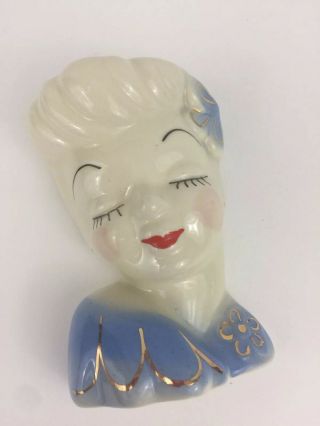 Vintage Glamour Girl Head Vase Wall Pocket Usa 6 " Blue Gold