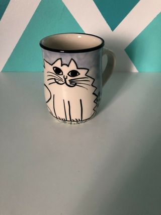 Vintage Hand Painted Cat Coffee Mug White And Blue