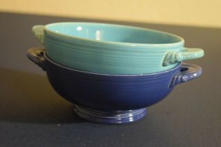 1930s Vintage Fiesta Cream Soup Bowls - Set of 2 - Turquoise,  Cobalt Blue 2