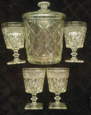 Vintage 4 Imperial Cape Cod Clear Goblets,  Square Bases With Glass Ice Bucket