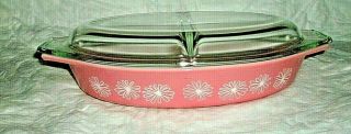 Vintage Pyrex Pink Daisy Oval Divided Casserole Dish W/lid 1 1/2 Qt