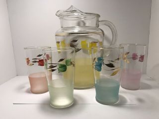 Vintage West Virginia Glass Hand Painted Lemonade/ice Tea Pitcher And Glasses