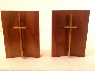Vintage 2 Metal Religious Cross & Wooden Bookends Mcm
