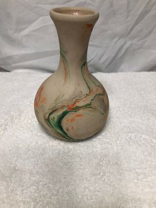 Vtg Nemadji Art Pottery Vase Swirl Clay Green Orange Off White