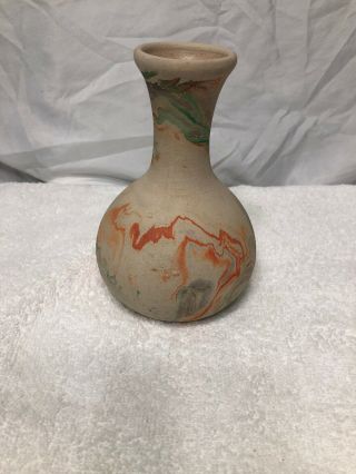 Vtg Nemadji Art Pottery Vase Swirl Clay Green Orange Off White 2