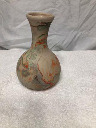 Vtg Nemadji Art Pottery Vase Swirl Clay Green Orange Off White 3