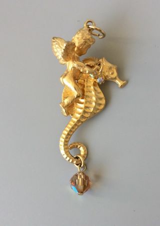 Vtg Signed Kirks Folly Angel On Seahorse Pendant In Gold Tone Metal W/crystal