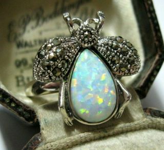 Vintage Style Art Deco Sterling Silver Marcasite Gilson Fire Opal Bee Ring P 7.  5