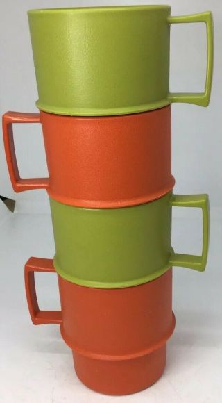 Vintage Tupperware Stackable Plastic Mug Cups Orange Green - Set Of 4