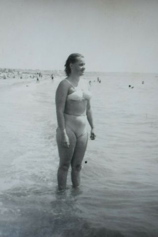 Smiling Bikini Women Posing On Beach Shore Swimsuit Pin Up Style Vintage Photo