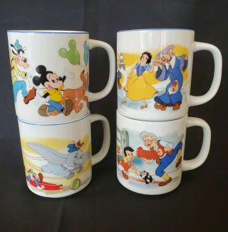4 Vtg Disneyland Disneyworld Japan Mugs Coffee Cups Mickey Pinocchio Dumbo Snow