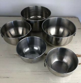 5 Vintage Stainless Steel Mixing Bowls: 3 Farberware With Handles