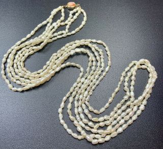 Vintage Necklace 28” Long Triple Strand Faux Glass Pearls Gold Tone Peach Lucite