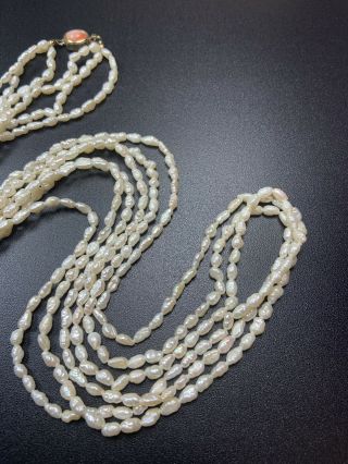 Vintage Necklace 28” Long Triple Strand Faux Glass Pearls Gold Tone Peach Lucite 2