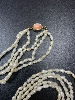 Vintage Necklace 28” Long Triple Strand Faux Glass Pearls Gold Tone Peach Lucite 3