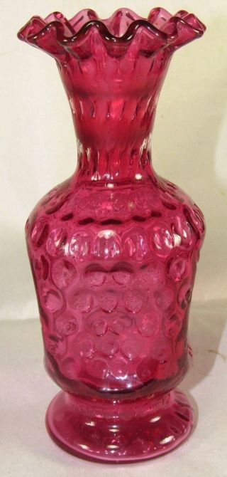 Cranberry Fenton Art Glass Dot Pinch Vase,  7.  5 " Tall,  Ruffled Top,  Pre - 1970 Vintage