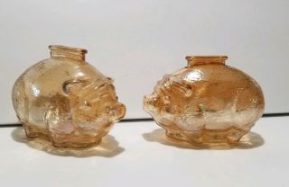 Vintage Anchor Hocking Amber Textured Glass Small Piggy Bank Set Of 2