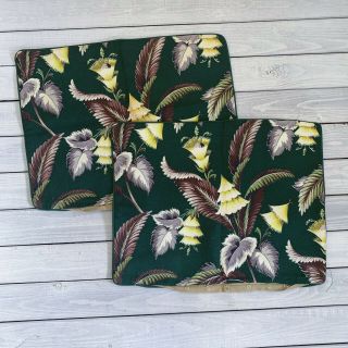 Vtg Bark Cloth Pillow Cover Tropical Floral Dark Green Yellow Gray Brown Pair 2