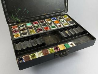 Vintage Reeves Japanned Tin Artist ' s Travelling Watercolour Paint Box 37 Pans 2
