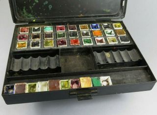 Vintage Reeves Japanned Tin Artist ' s Travelling Watercolour Paint Box 37 Pans 3