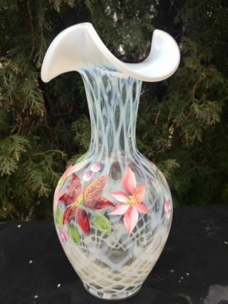 Gorgeous Vintage Fenton Hand Painted Opalescent Glass Vase Signed - 10  - V2
