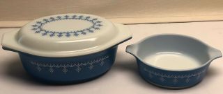 Pyrex Blue Snowflake Garland Oval Casserole Dish Lid 043 1.  5 Quart Vtg & 1 Pint