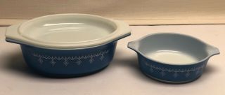 Pyrex Blue Snowflake Garland Oval Casserole Dish Lid 043 1.  5 Quart Vtg & 1 Pint 2