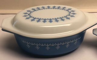 Pyrex Blue Snowflake Garland Oval Casserole Dish Lid 043 1.  5 Quart Vtg & 1 Pint 6