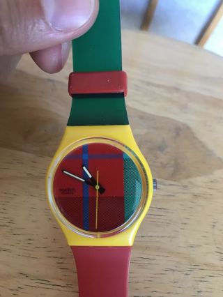 Vintage Swiss Swatch Watch Plaid Pattern Green Red Yellow Hipster