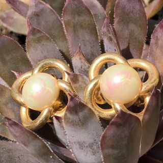 Vintage Christian Dior Gold Tone Faux Pearl Cabochon Clip - On Earrings