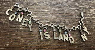 Vintage Gold Plate Coney Island Ny Crystal Accent Letters Charm Link Bracelet