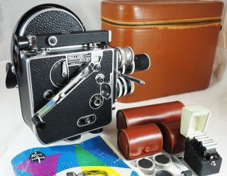 1955 Paillard Bolex 16mm Movie Camera,  3 Lenses,  Accessories,  Case.  Well.