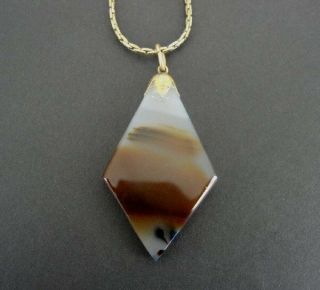 Vintage Agate Stone Diamond Shape Pendant Gold Fill Chain Choker Necklace