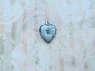 Vintage Sterling Silver Enameled Puffy Heart Charm - Baby Blue Pansy