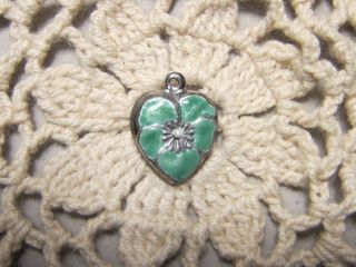 Vintage Sterling Silver Enameled Puffy Heart Charm - Emerald Green Pansy