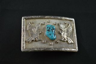 Vintage Native Sterling Silver Eagle Belt Buckle W Turquoise Stones - 43g