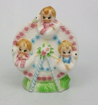 Vtg " Babies On A Ferris Wheel " Planter Vase Porcelain Japan Pink & Blue Flowers