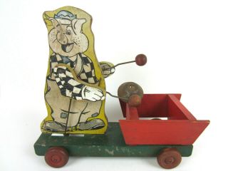 Vintage Pig Ringing Bell Cart Wood/metal Paper Litho Pull Toy