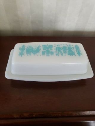 Vintage Pyrex Amish Butterprint Covered Butter Dish Turquoise White Milk Glass