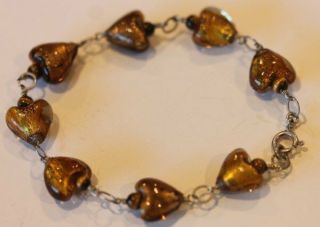 Vintage Sterling Silver Gold Art Glass Heart Tigers Eye Bead Bracelet