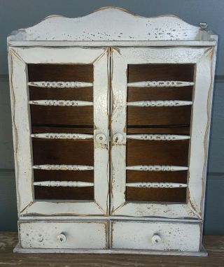Vintage Wood Spice Cabinet Rack 2 Drawers Distressed Shabby White Wall Mount