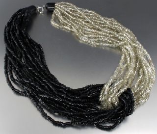 Vintage 70’s Multi 16 Strand Black & Clear Glass Bead Necklace