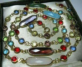 Vintage Jewellery Gorgeous Rainbow Crystal Glass Bezel Open Set Long Necklace
