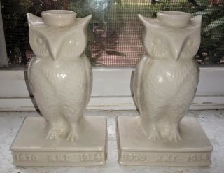 Vtg.  Monmouth Western Stoneware Owl Book End Vases.  1870 - 1934 Sorority