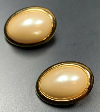 Signed Richelieu Vintage Clip On Earrings Gold Tone Large Oval Faux Pearls